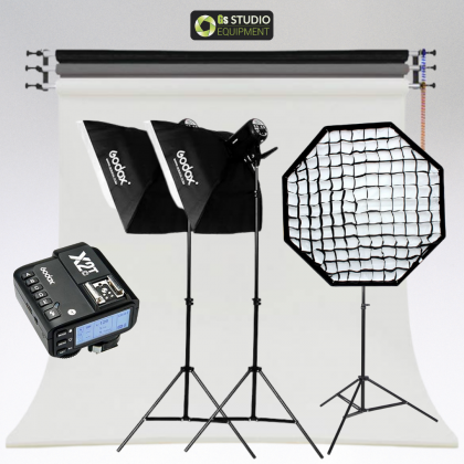 Professional Full Size Studio Start Up Kit (Godox SK400II-V 400w 3 Light With 3 Color Backdrop)